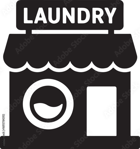 Laundry shop building silhouette, service business icon, commercial vector, minimal flat design