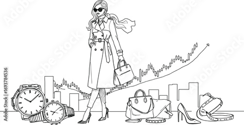 fashion, finance, woman, trench coat, sunglasses, handbag, heels, scarf, chart, candlestick, bar graph, luxury, style, success, business, vector, black, white, accessories, elegance