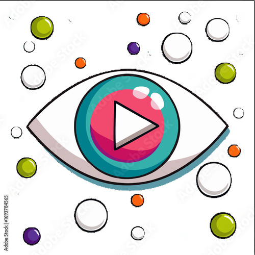 A stylized eye with a play button in the center, surrounded by colorful floating circles.