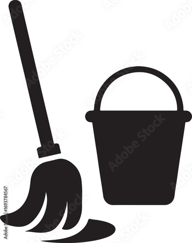 Mop and bucket silhouette, cleaning tools icon, household chores vector, minimal flat design