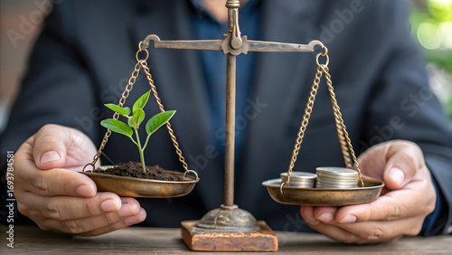 Micro ESG Reporting SMEs A person balances a scale with a plant on one side and coins on the other, symbolizing sustainability and finance.