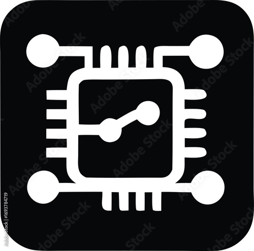 Abstract white microchip icon on solid black square represents technology innovation and advanced circuitry
