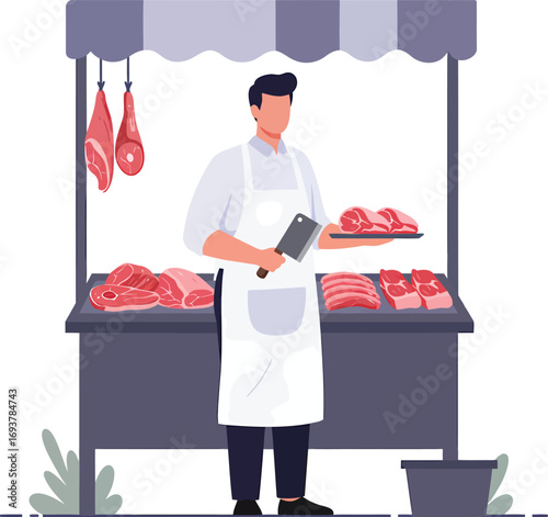 Butcher standing at a market stall with fresh meat.