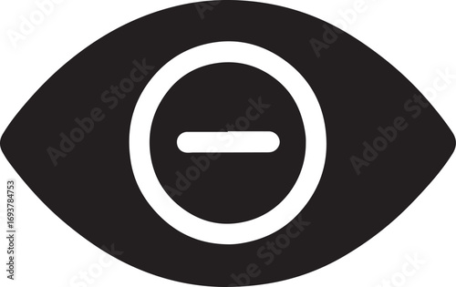 Eye with minus sign silhouette, zoom out icon, focus vector, minimal flat design