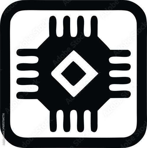 Modern black and white chip processor icon graphic representation of central processing unit technology and digital data processing