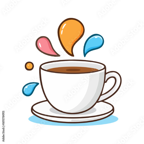 A cheerful cartoon coffee cup with colorful splashes, suggesting energy and vibrancy.