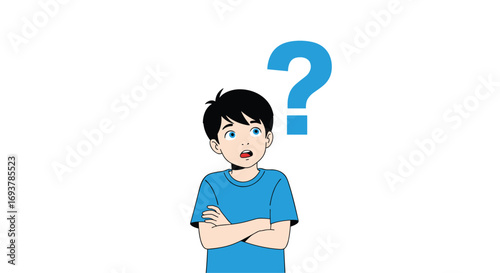 A young boy standing with arms crossed looks up at a large blue question mark