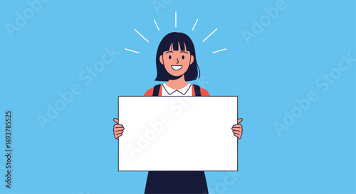 Excited young woman holding a blank white board for your message or information