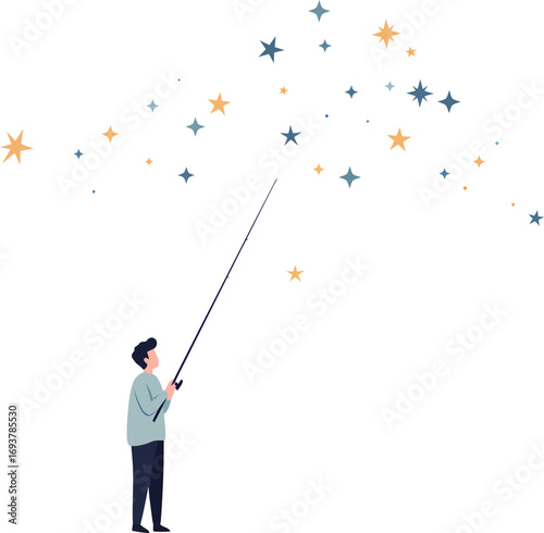 Man fishing for stars with a long rod.