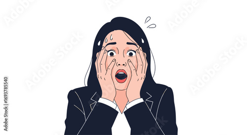 The shocked expression of a woman experiencing extreme surprise and fear
