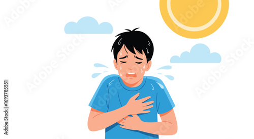 Young person feeling unwell and struggling to breathe during a hot sunny day outdoors with sweat dripping