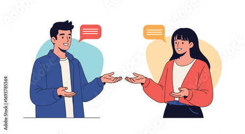 Two people talking and communicating through speech bubbles illustrating conversation and dialogue exchange