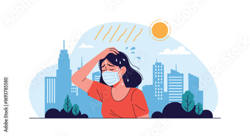 A person wearing a face mask feeling very hot and sweaty in a city during summer heatwave