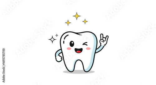 Happy cartoon tooth showing rock on gesture with sparkles around it