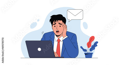 Overwhelmed businessman staring blankly at laptop screen experiencing workload stress and deadline pressure