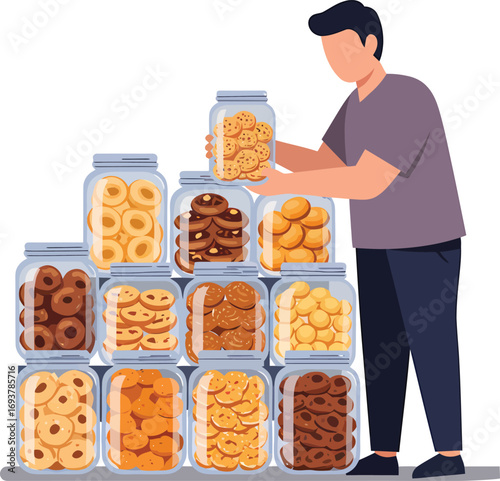 Man holding jar of cookies amidst stacked jars of baked goods.