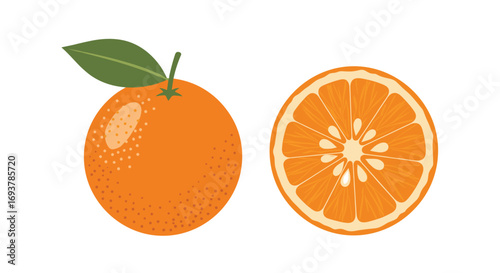 Fresh ripe orange fruit whole and sliced showing juicy pulp and seeds healthy food