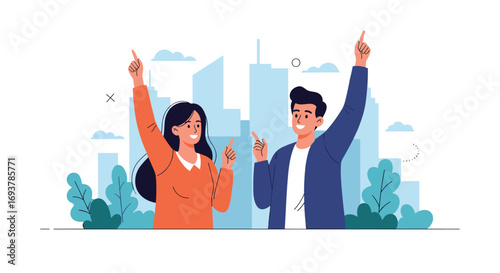 Two happy people celebrating with their arms raised in a city landscape illustration with skyscrapers and trees