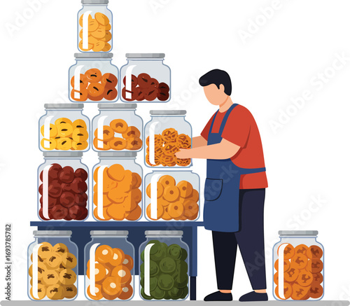 Man in Apron Arranging Jars of Preserved Food Items.