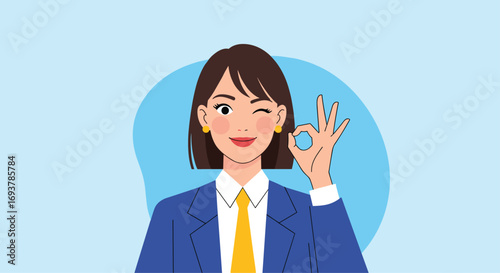 A professional businesswoman confidently gives the ok sign demonstrating success and approval