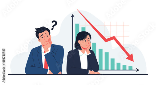 Concerned business people observing declining financial performance and market trends uncertainty