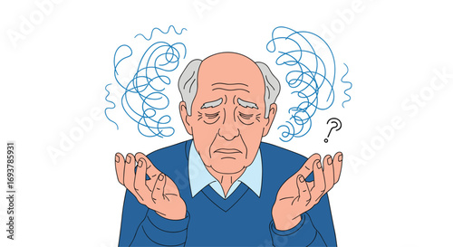 An elderly man with a troubled expression and tangled lines around his head looking confused and distressed