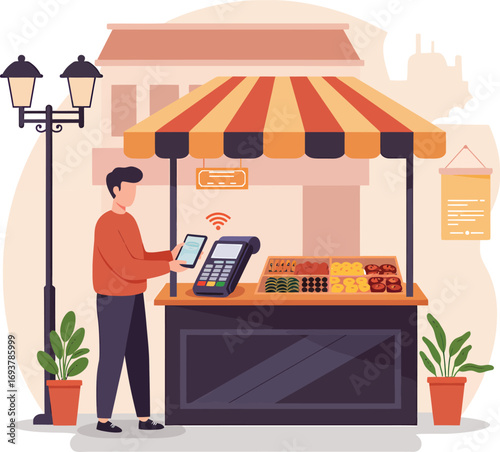 Man making contactless payment at a market stall with fresh produce.