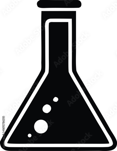 Simple black and white icon of a laboratory erlenmeyer flask filled with bubbles symbolizing science chemistry experimentation and discovery