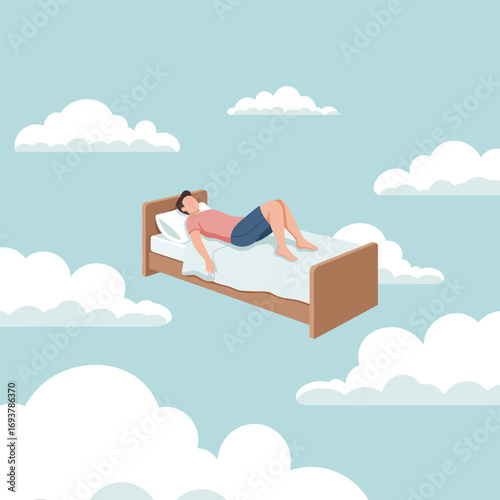 Man sleeping peacefully on a bed floating among clouds.
