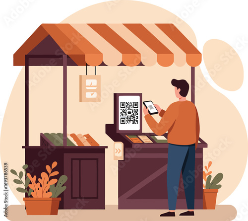 Man using smartphone to scan QR code at market stall.