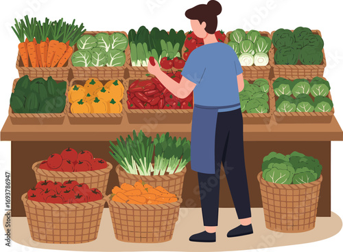 Person selecting fresh vegetables from a market stall display.