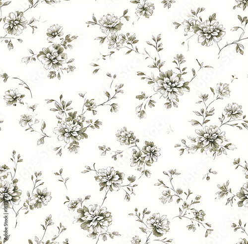 A seamless pattern of small floral motifs, reminiscent of French chinoiserie style, with sage green and beige colors on an off-white background