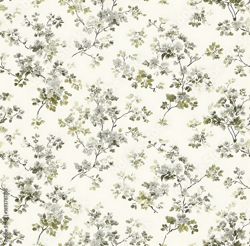 A seamless pattern of small floral motifs, reminiscent of French chinoiserie style, with sage green and beige colors on an off-white background