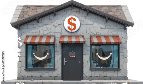 Create a scene of a financial institution that seems a bit off, incorporating elements like the brick-and-mortar building, the dollar sign, the striped awnings, and the unsettling smiles in the window