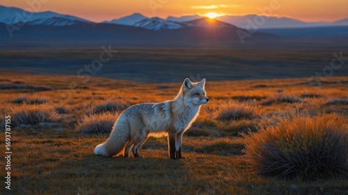 A solitary fox stands gracefully in a golden meadow at sunset, with mountains silhouetted in the background