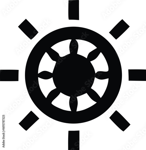 Spiritual dharma wheel symbol icon representing buddhist philosophy and the noble eightfold path for enlightenment and balance