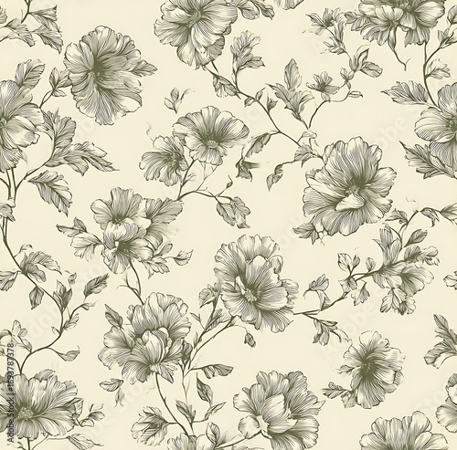 A seamless pattern of small floral motifs, reminiscent of French chinoiserie style, with sage green and beige colors on an off-white background