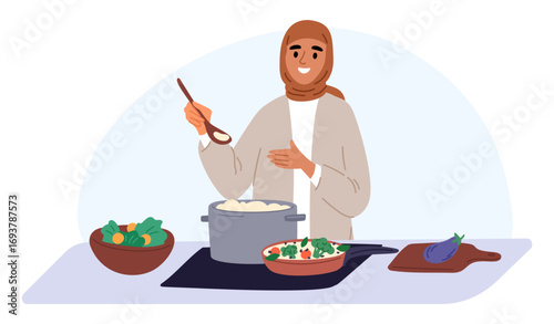 Young Arab woman in national Muslim dress cooking in kitchen. Female Arabian prepares soup. Girl in hijab cutting vegetable. Domestic meal preparation. Islamic clothing. Vector concept