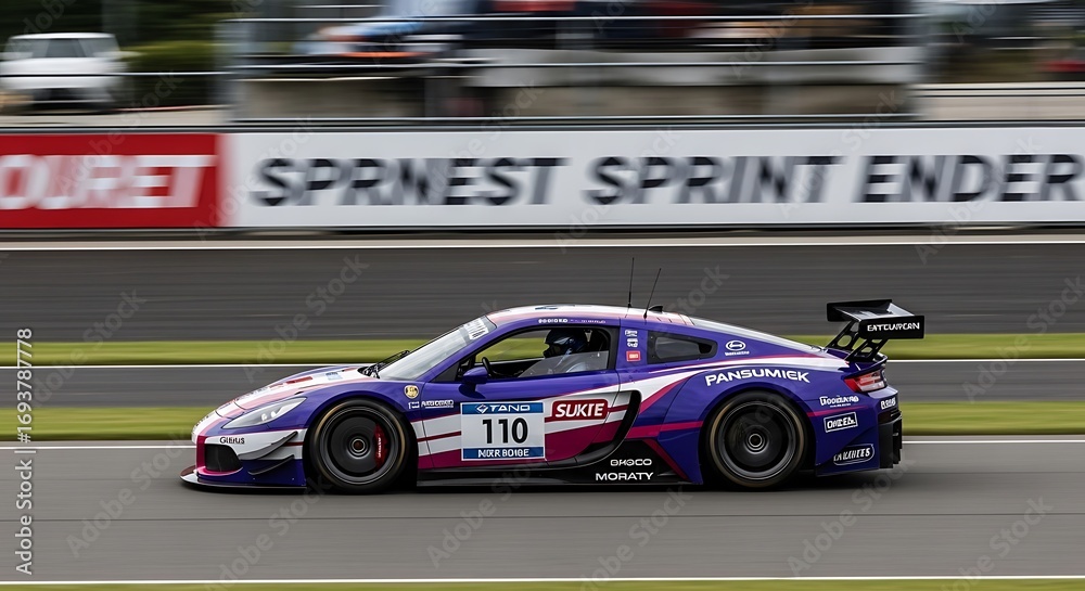 Fototapeta premium A vibrant purple racing car zooms across a racetrack, showcasing its sleek design and dynamic motion.