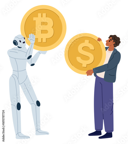 Robot holds cryptocurrency. Man carries gold dollar coin. Android bot. Bitcoin investment. Artificial intelligence. Guy pays with cash finance. Financial technology. Vector concept