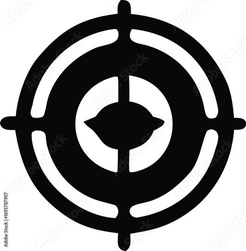 Black circular target symbol emblem with crosshairs and central oval shape distinctive graphic design element