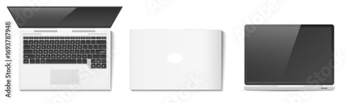 Realistic laptop mockup front and top view. Open and closed position. Computer keyboard and PC screen. Electrical equipment. Modern display. Digital technology. Vector 3D objects set