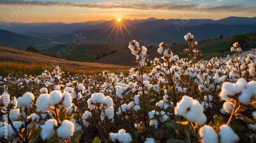 Cotton field in bloom during sunset, showcasing vibrant flowers and mountains in the background