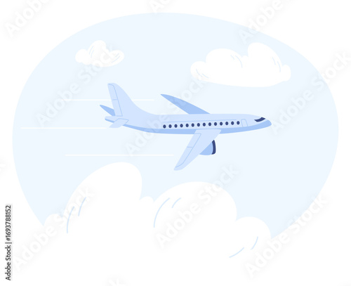 Passenger plane flies in sky among clouds. Airliner makes flight. Transportation by air. Aircraft fuselage. Aviation travel trip. Airplane journey. Cumulus cloudscape. Vector concept