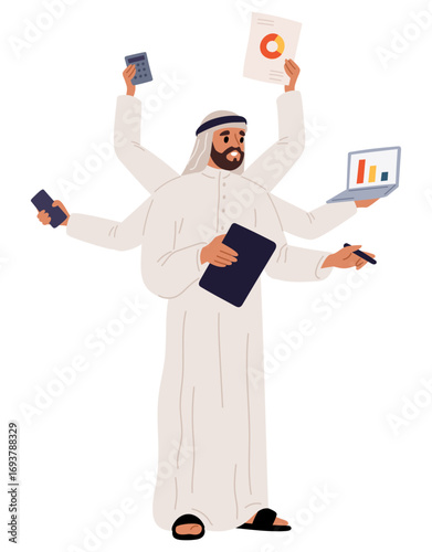 Multitasking Arab businessman with six hands. Successful man with lot of arms. Efficient management. Arabian employee holding laptop and smartphone. Vector concept of efficiency and success