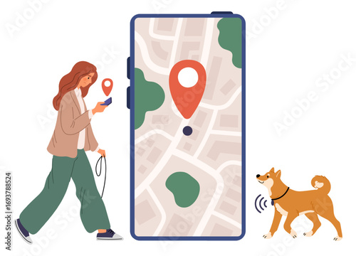 Girl using GPS tracker is looking for her dog lost in city or park. Big phone screen. Navigation mobile app. Puppy finding. Doggy collar with orienteering pin. Online map. Vector concept