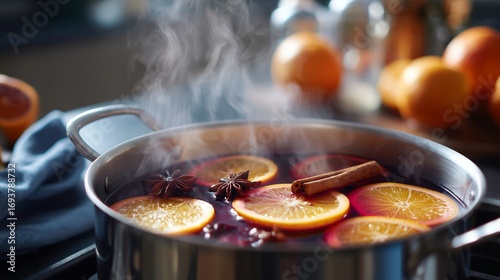 Warm drink simmering with spices and citrus on a cozy kitchen stove in a chilly evening
