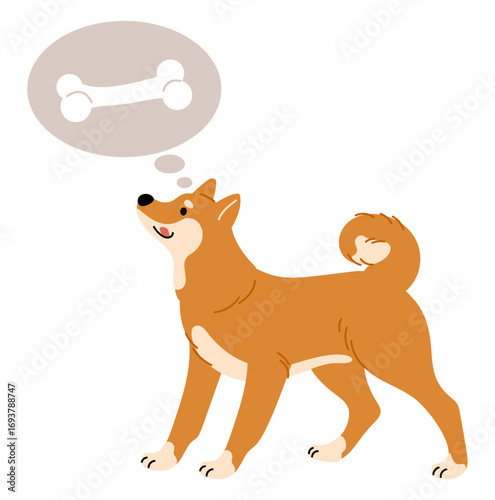 Dog dreams of tasty bone. Pet wants to eat. Domestic animal thinking. Hungry mammal imagining food. Daydream about treats. Cookie for puppy. Hungry homeless. Idea bubble. Vector concept