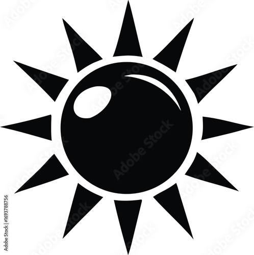 Stylized black and white sun icon radiant star celestial body symbol simple graphic element for weather and energy concepts
