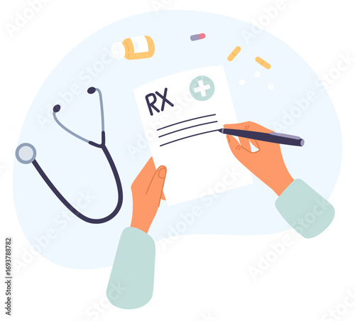Doctors hands write prescription for medication to treat patient top view. RX document signing. Pharmaceutical recipe for treatment remedy. Appointment with physician. Vector concept